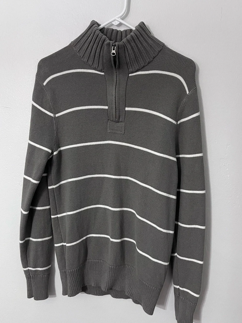 J.Crew Men’s Medium Taupe Gray Striped Quarter Zip Cotton Sweater Preppy